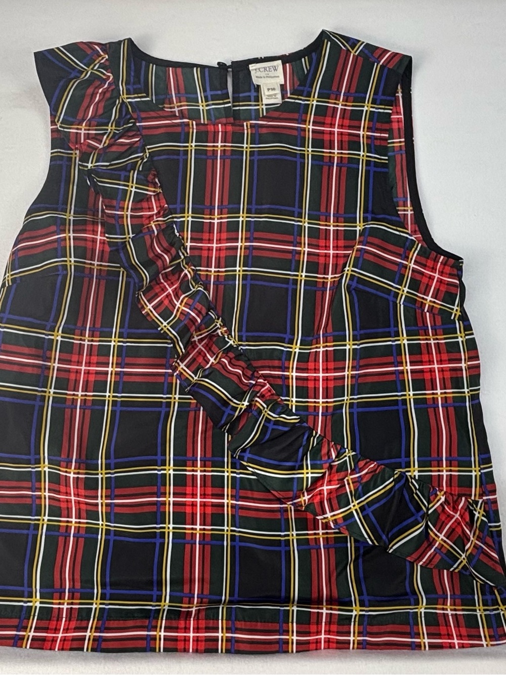 J. Crew Black Plaid Sleeveless Top with Diagonal Ruffle Great Holiday Top!